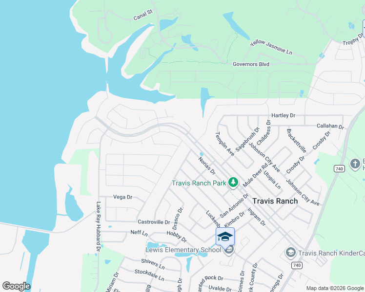 map of restaurants, bars, coffee shops, grocery stores, and more near Travis Ranch Boulevard in Forney