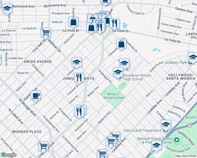 map of restaurants, bars, coffee shops, grocery stores, and more near 5930 Victor Street in Dallas
