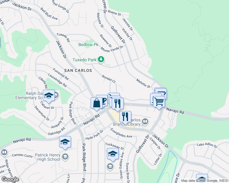 map of restaurants, bars, coffee shops, grocery stores, and more near 7280 Rondel Court in San Diego