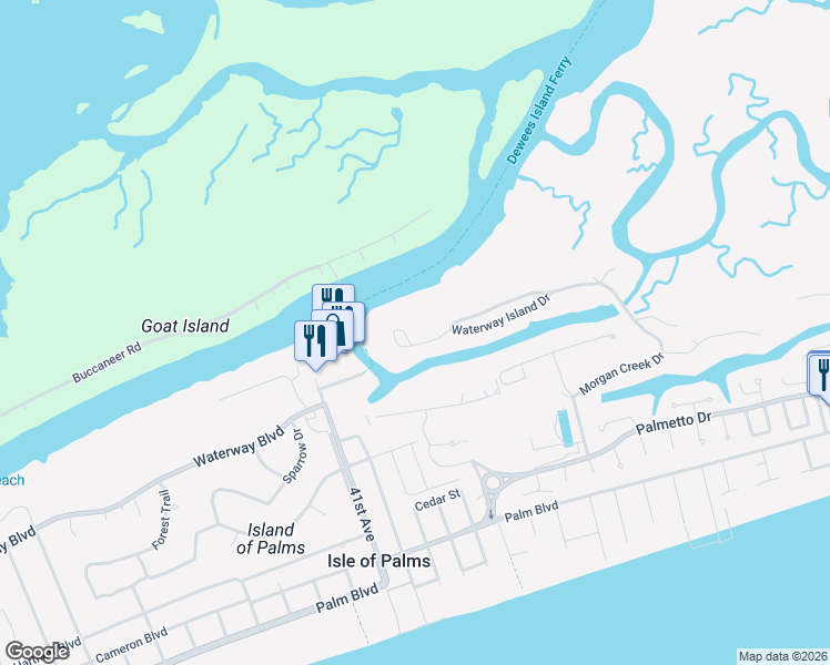 map of restaurants, bars, coffee shops, grocery stores, and more near 25 Waterway Island Drive in Isle of Palms