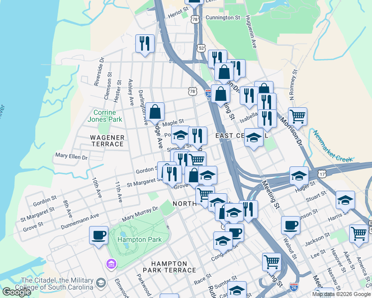 map of restaurants, bars, coffee shops, grocery stores, and more near 48 Simons Street in Charleston