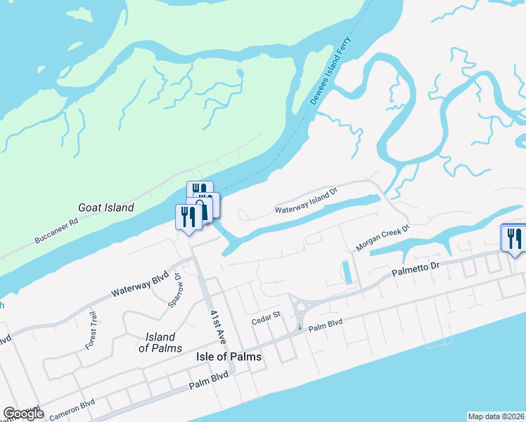 map of restaurants, bars, coffee shops, grocery stores, and more near 25 Waterway Island Drive in Isle of Palms