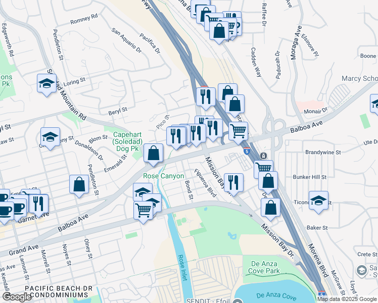 map of restaurants, bars, coffee shops, grocery stores, and more near 2736 Garnet Avenue in San Diego