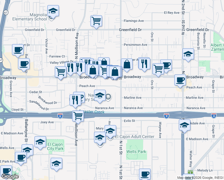 map of restaurants, bars, coffee shops, grocery stores, and more near 17 Peach Avenue in El Cajon