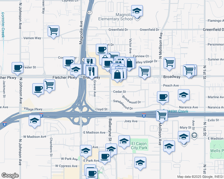 map of restaurants, bars, coffee shops, grocery stores, and more near 408 Birchwood Lane in El Cajon