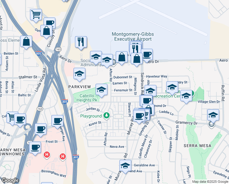 map of restaurants, bars, coffee shops, grocery stores, and more near 8512 Fensmuir Street in San Diego