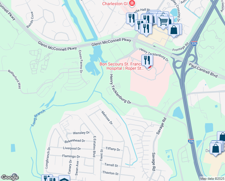 map of restaurants, bars, coffee shops, grocery stores, and more near 2317 Watchtower Lane in Charleston