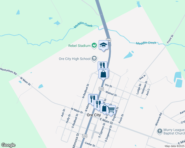 map of restaurants, bars, coffee shops, grocery stores, and more near 301 Mimosa Street in Ore City