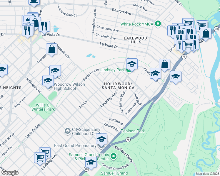 map of restaurants, bars, coffee shops, grocery stores, and more near 6914 Santa Monica Drive in Dallas