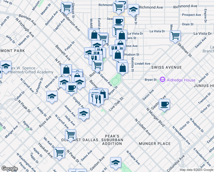 map of restaurants, bars, coffee shops, grocery stores, and more near 1503 North Garrett Avenue in Dallas