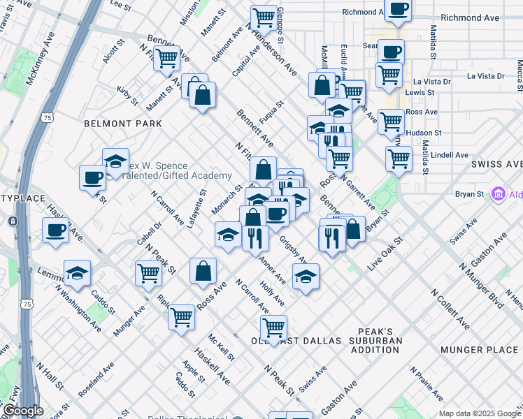 map of restaurants, bars, coffee shops, grocery stores, and more near 4718 Munger Avenue in Dallas