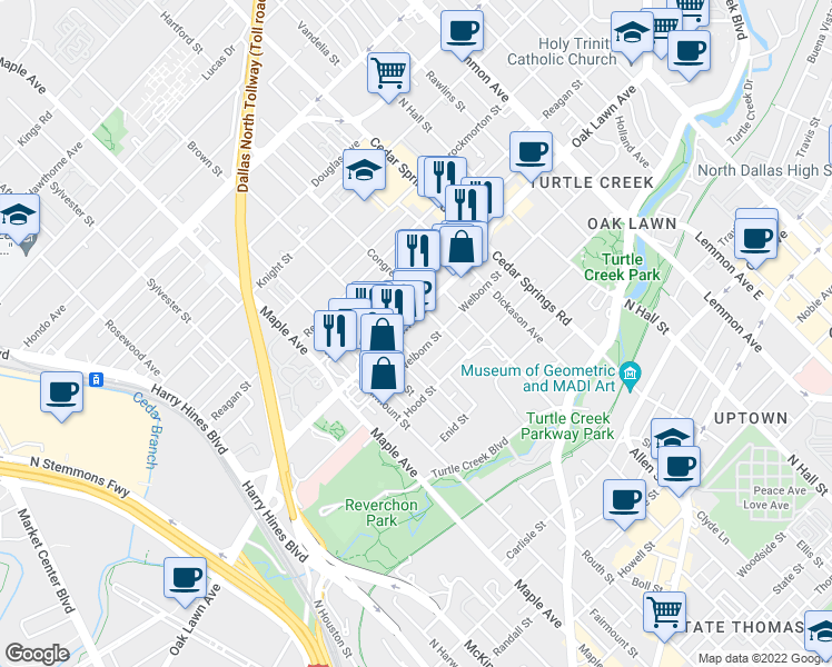 map of restaurants, bars, coffee shops, grocery stores, and more near 2720 Oak Lawn Avenue in Dallas