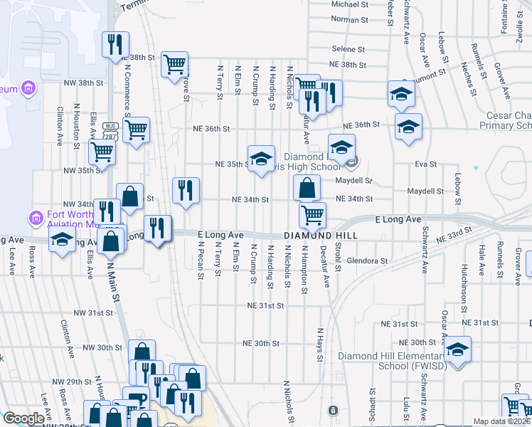 map of restaurants, bars, coffee shops, grocery stores, and more near 3420 North Crump Street in Fort Worth