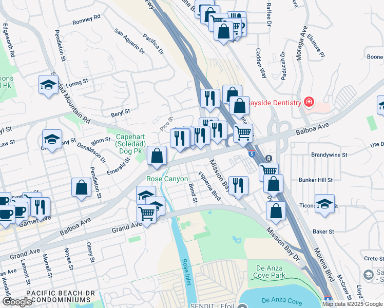 map of restaurants, bars, coffee shops, grocery stores, and more near 2736 Garnet Avenue in San Diego