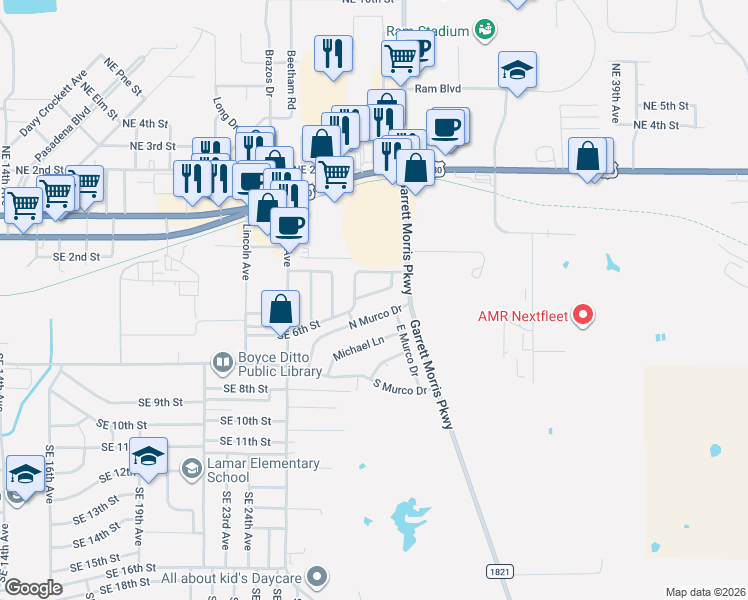 map of restaurants, bars, coffee shops, grocery stores, and more near 2906 Southeast 6th Street in Mineral Wells