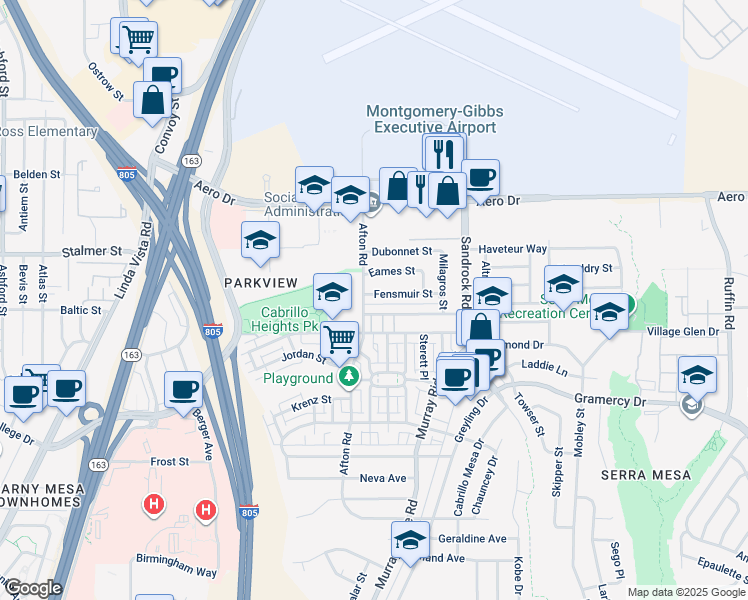 map of restaurants, bars, coffee shops, grocery stores, and more near 8512 Fensmuir Street in San Diego