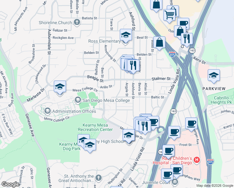 map of restaurants, bars, coffee shops, grocery stores, and more near 3436 Armstrong Street in San Diego