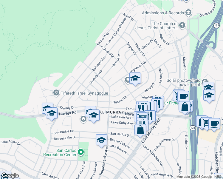 map of restaurants, bars, coffee shops, grocery stores, and more near 8402 Boulder Place in San Diego
