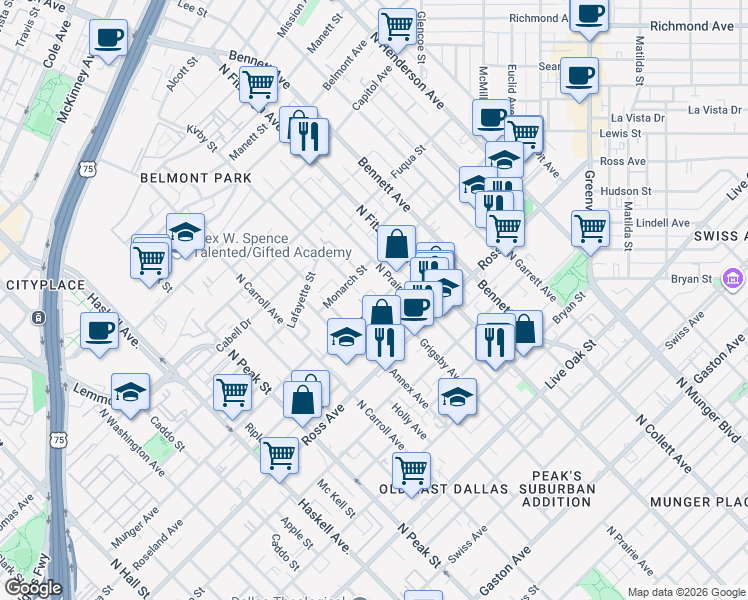 map of restaurants, bars, coffee shops, grocery stores, and more near 4636 Monarch Street in Dallas