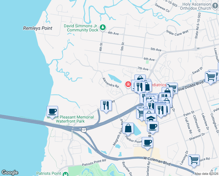 map of restaurants, bars, coffee shops, grocery stores, and more near 271 Alexandra Drive in Mount Pleasant