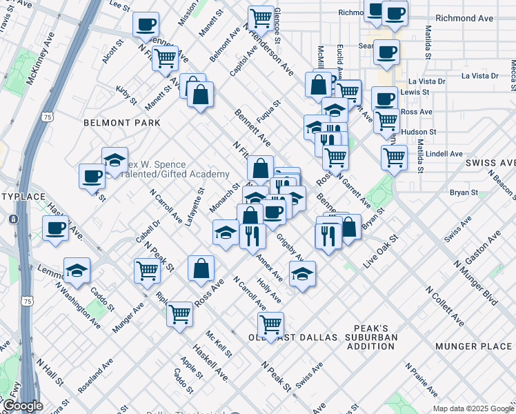 map of restaurants, bars, coffee shops, grocery stores, and more near 4718 Munger Avenue in Dallas