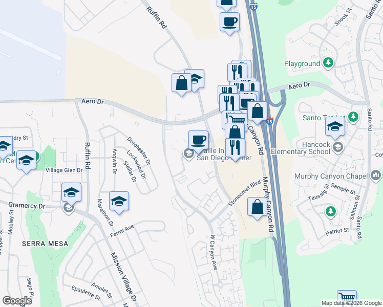 map of restaurants, bars, coffee shops, grocery stores, and more near 9665 Granite Ridge Drive in San Diego