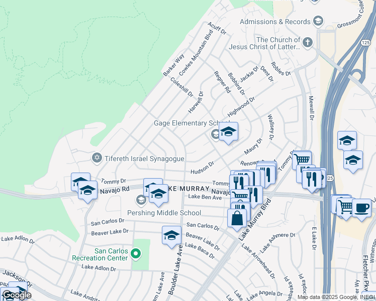 map of restaurants, bars, coffee shops, grocery stores, and more near 8402 Boulder Place in San Diego