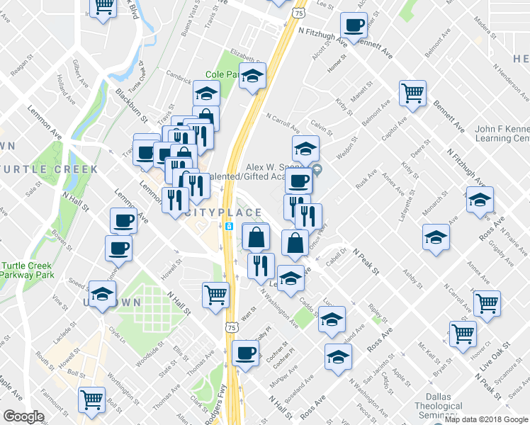 map of restaurants, bars, coffee shops, grocery stores, and more near 2664 North Haskell Avenue in Dallas