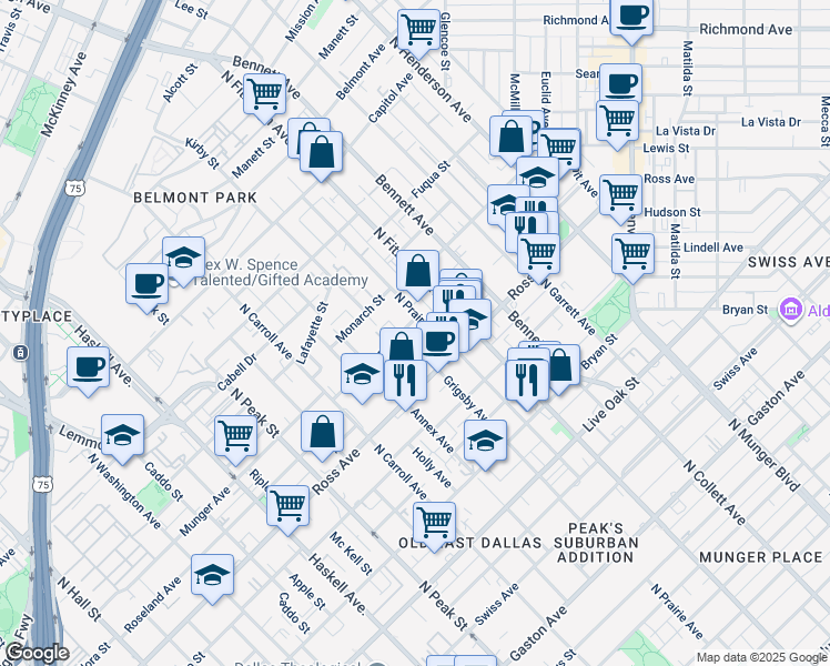map of restaurants, bars, coffee shops, grocery stores, and more near 4710 Munger Avenue in Dallas