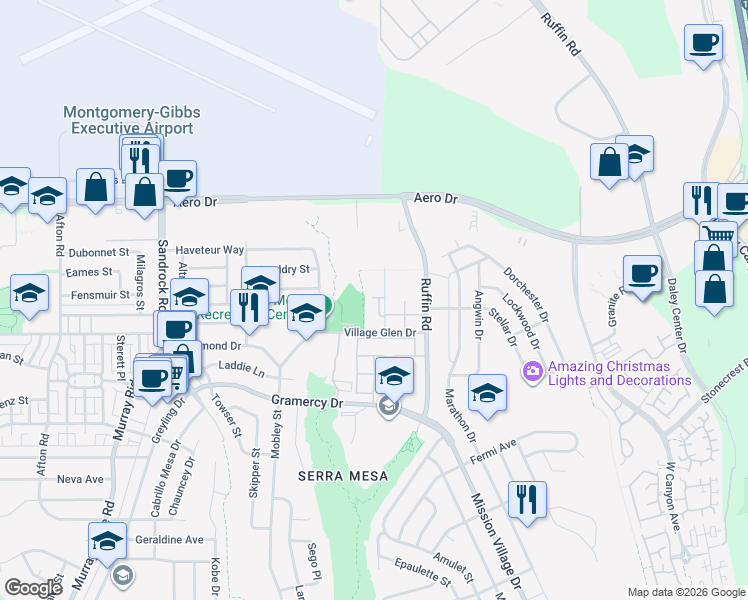 map of restaurants, bars, coffee shops, grocery stores, and more near 203 Castle Glen Drive in San Diego