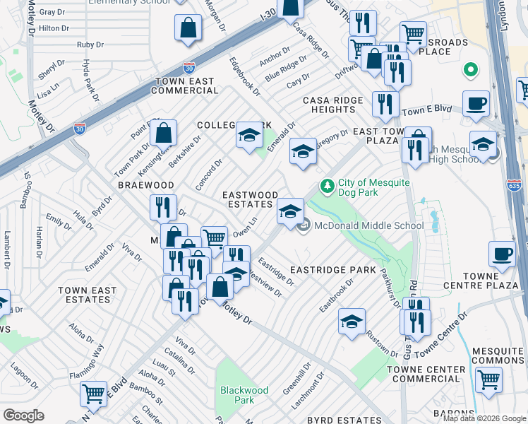 map of restaurants, bars, coffee shops, grocery stores, and more near 2918 Owen Lane in Mesquite