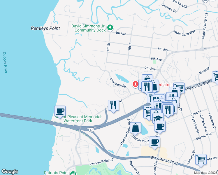 map of restaurants, bars, coffee shops, grocery stores, and more near 268 Alexandra Drive in Mount Pleasant