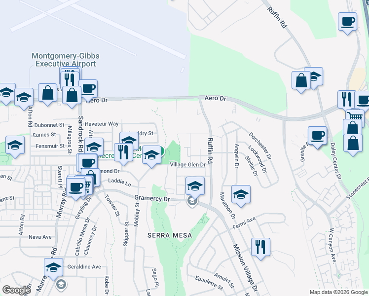 map of restaurants, bars, coffee shops, grocery stores, and more near 203 Castle Glen Drive in San Diego