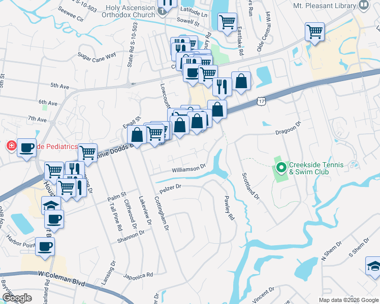 map of restaurants, bars, coffee shops, grocery stores, and more near 910 Beresford Court in Mount Pleasant