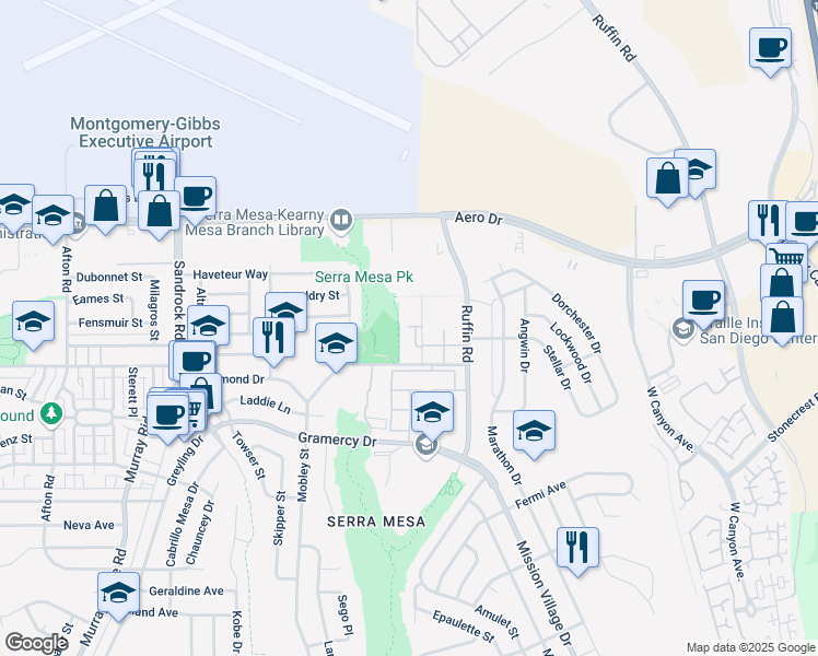 map of restaurants, bars, coffee shops, grocery stores, and more near 3456 Castle Glen Drive in San Diego