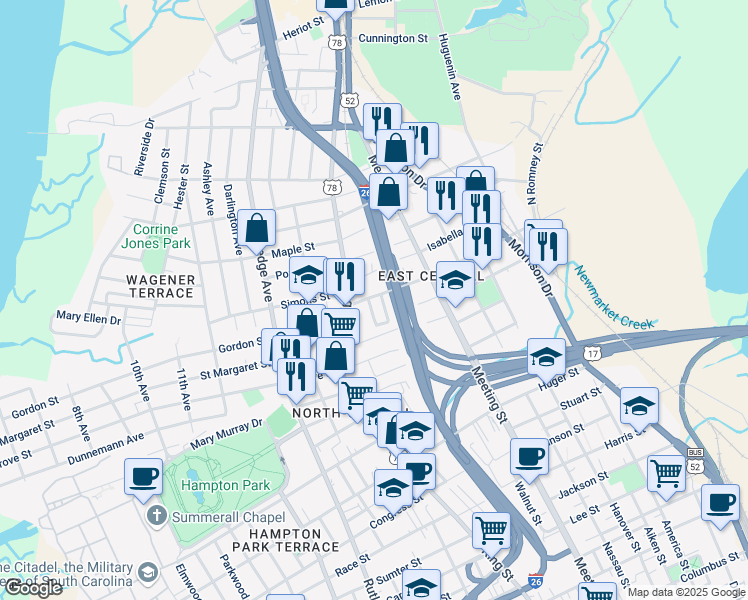 map of restaurants, bars, coffee shops, grocery stores, and more near 130 Romney Street in Charleston