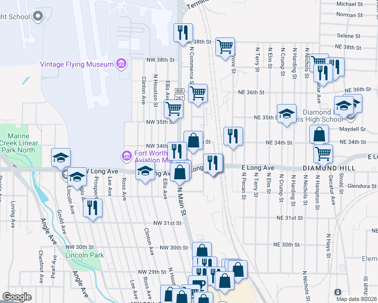 map of restaurants, bars, coffee shops, grocery stores, and more near 3320 North Commerce Street in Fort Worth