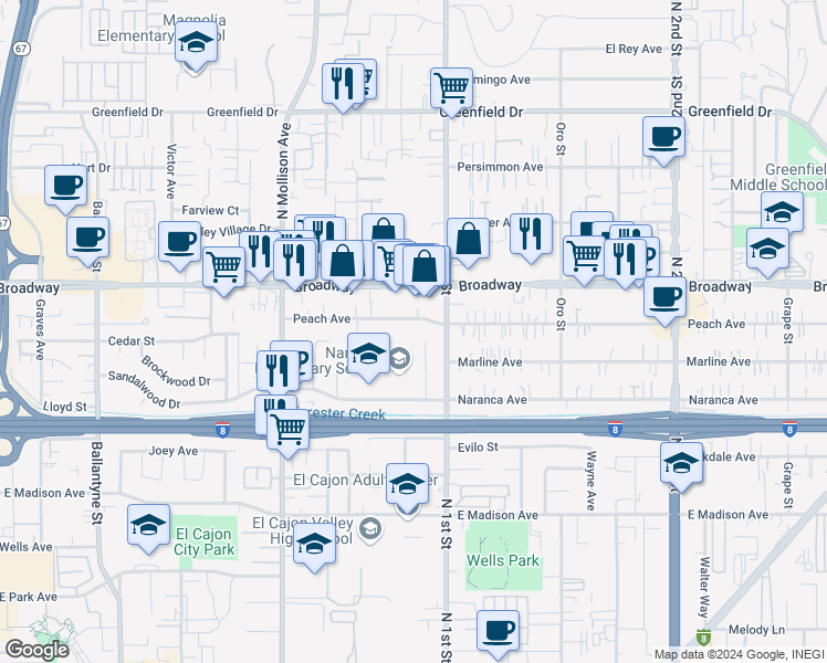 map of restaurants, bars, coffee shops, grocery stores, and more near 1045 Peach Avenue in El Cajon