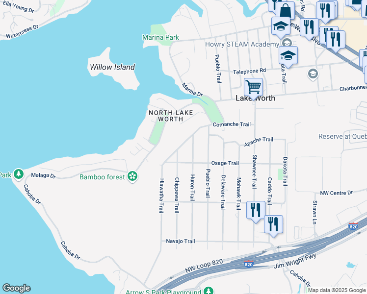 map of restaurants, bars, coffee shops, grocery stores, and more near 3344 Hiawatha Trail in Fort Worth