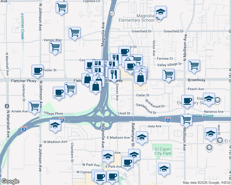 map of restaurants, bars, coffee shops, grocery stores, and more near 812 Graves Avenue in El Cajon