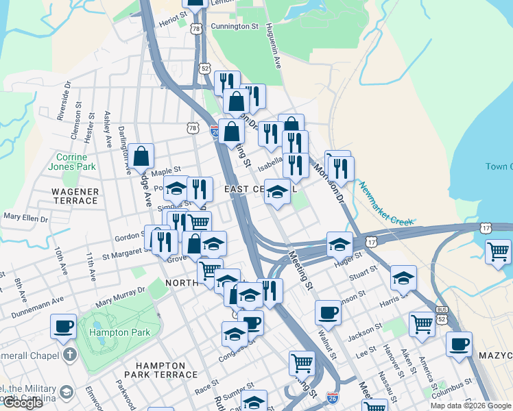 map of restaurants, bars, coffee shops, grocery stores, and more near 670 Meeting Street in Charleston