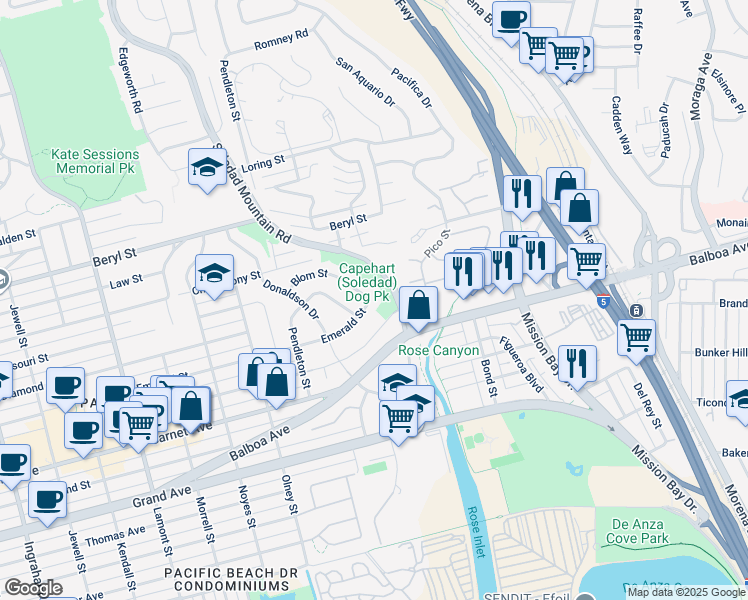 map of restaurants, bars, coffee shops, grocery stores, and more near 2486 Blom Street in San Diego