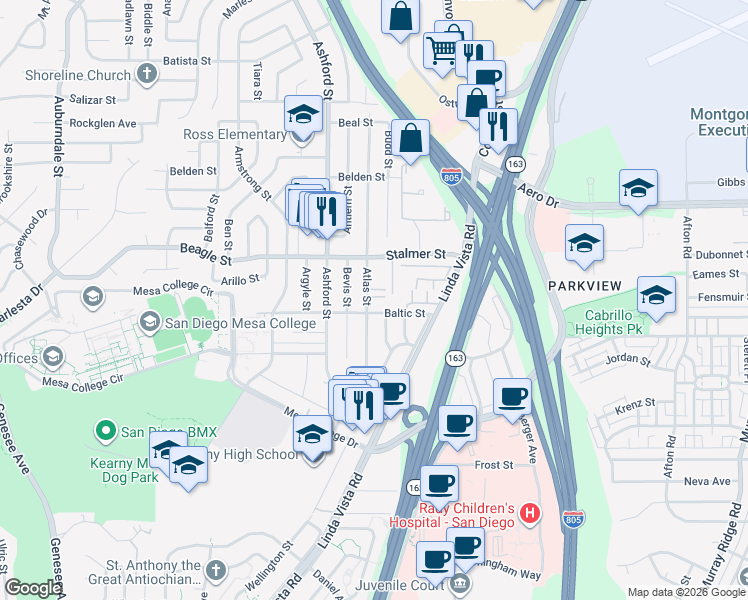 map of restaurants, bars, coffee shops, grocery stores, and more near 7695 Stalmer Street in San Diego