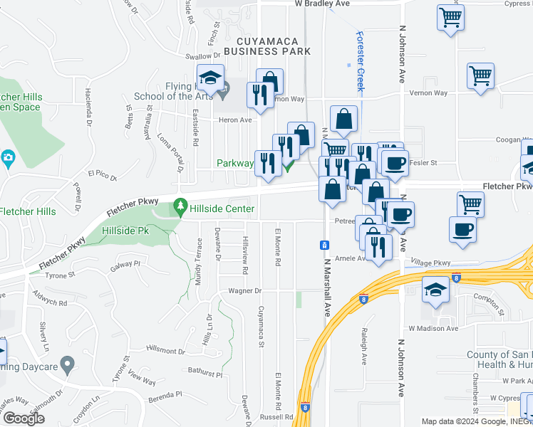 map of restaurants, bars, coffee shops, grocery stores, and more near 1240 Petree Street in El Cajon