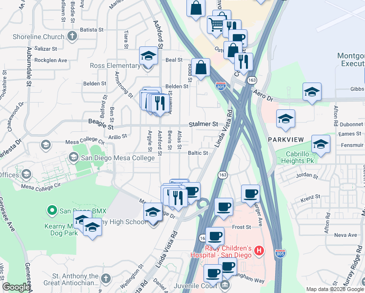 map of restaurants, bars, coffee shops, grocery stores, and more near 7695 Stalmer Street in San Diego