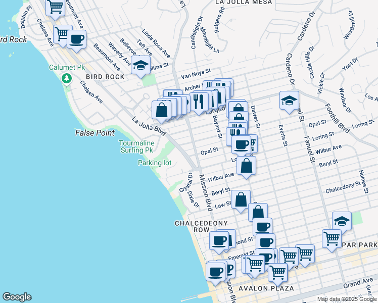 map of restaurants, bars, coffee shops, grocery stores, and more near 5055 Tourmaline Street in San Diego