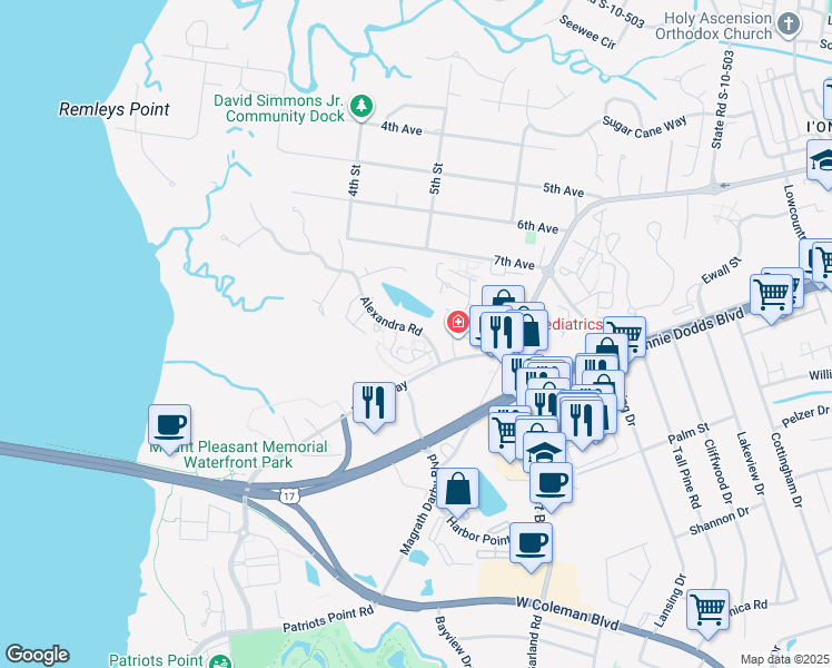 map of restaurants, bars, coffee shops, grocery stores, and more near 232 Alexandra Drive in Mount Pleasant