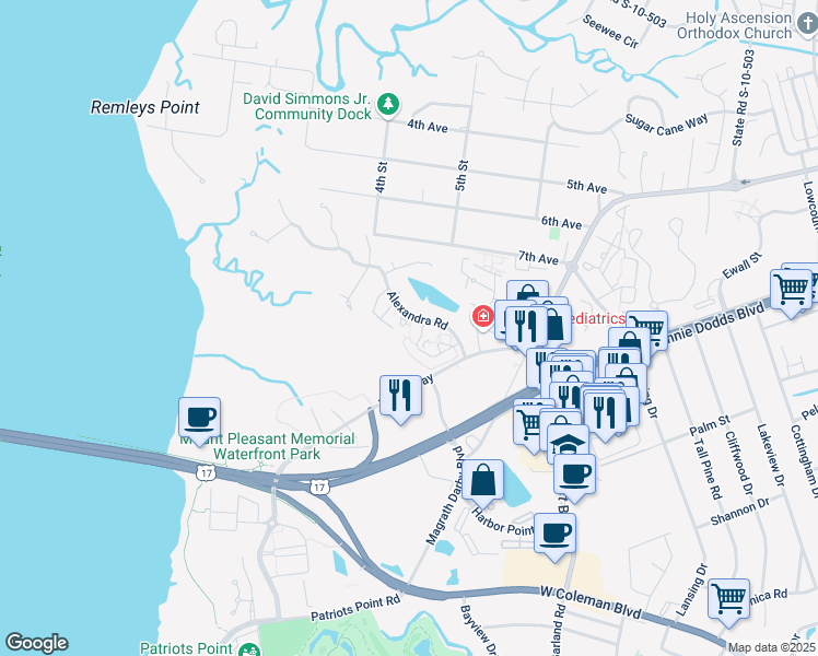 map of restaurants, bars, coffee shops, grocery stores, and more near 232 Alexandra Drive in Mount Pleasant