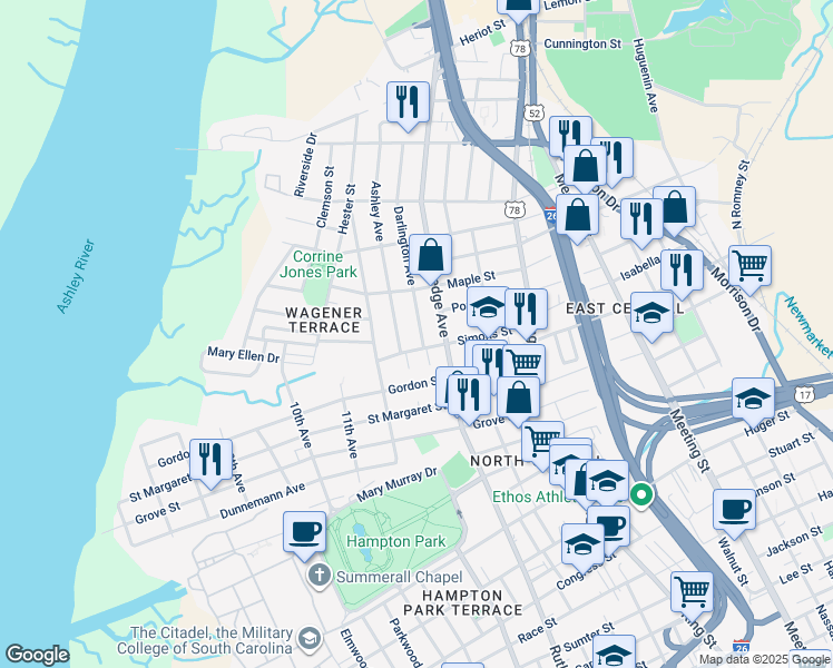 map of restaurants, bars, coffee shops, grocery stores, and more near 890 Ashley Avenue in Charleston