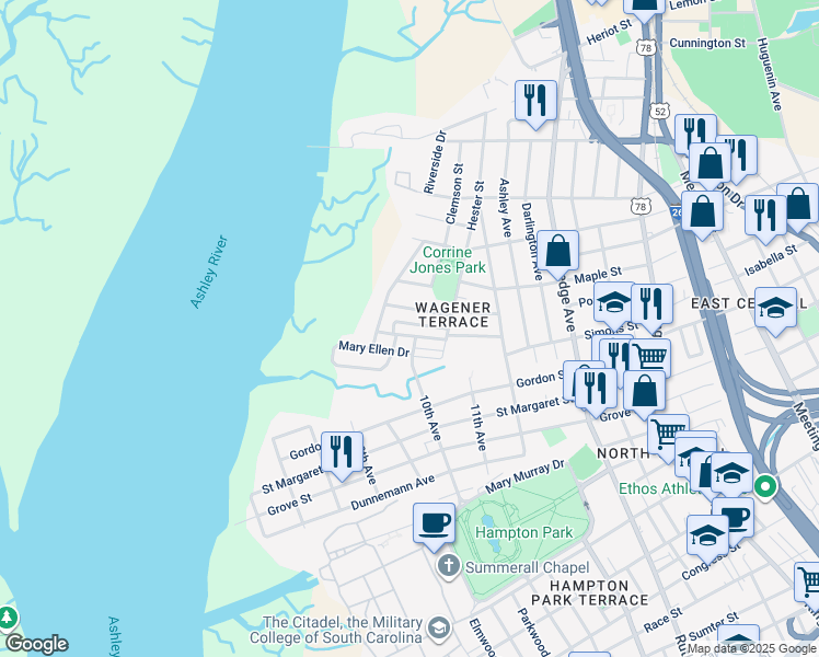 map of restaurants, bars, coffee shops, grocery stores, and more near 243 West Poplar Street in Charleston